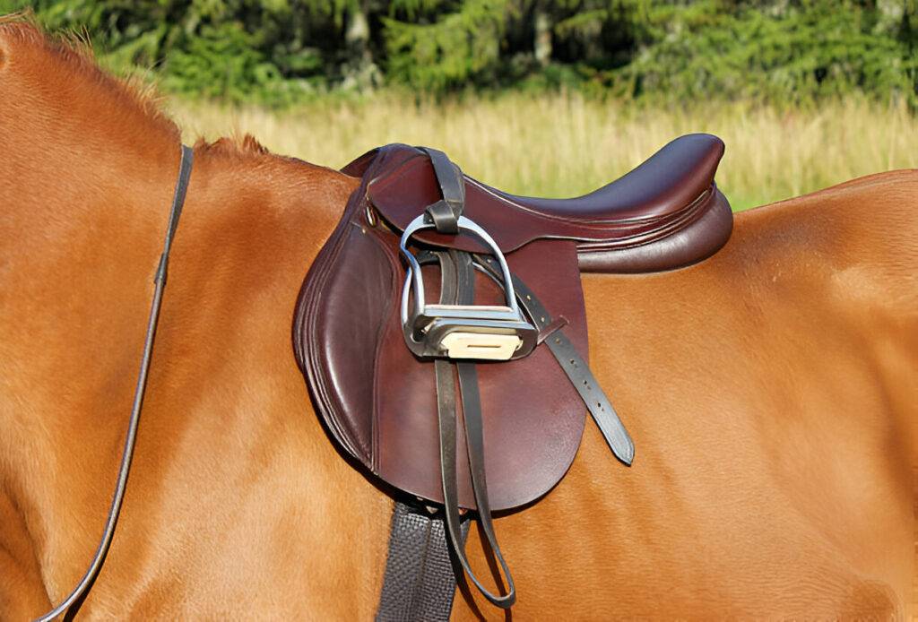 Standard brown leather English saddle displayed on the Horse.