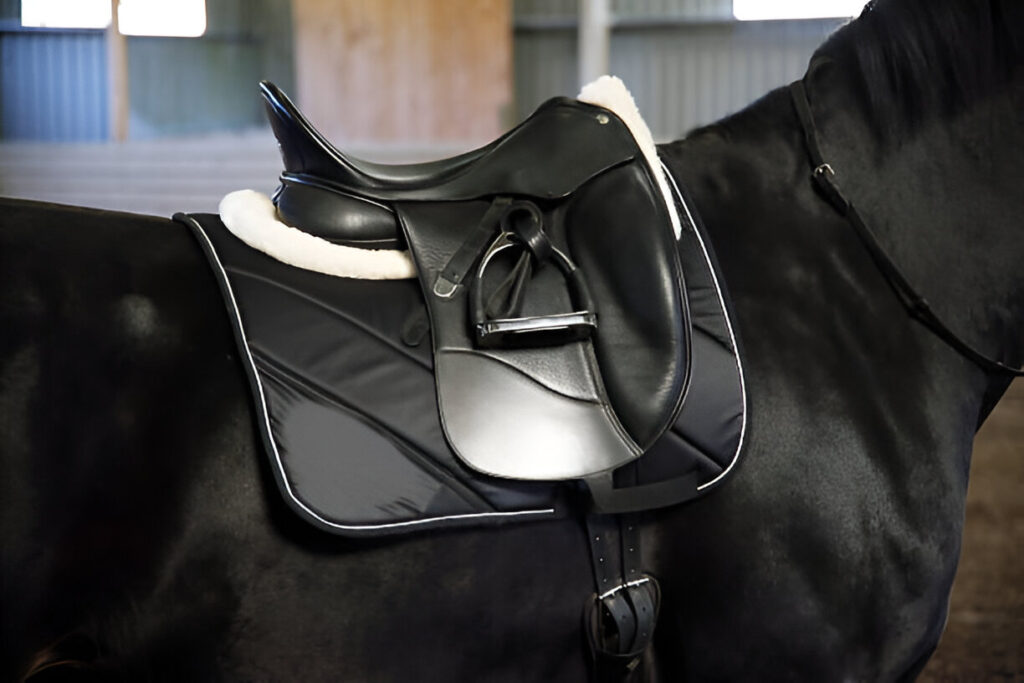 High-quality black leather Dressage Saddle​ highlighting its deep seat and long straight flap.
