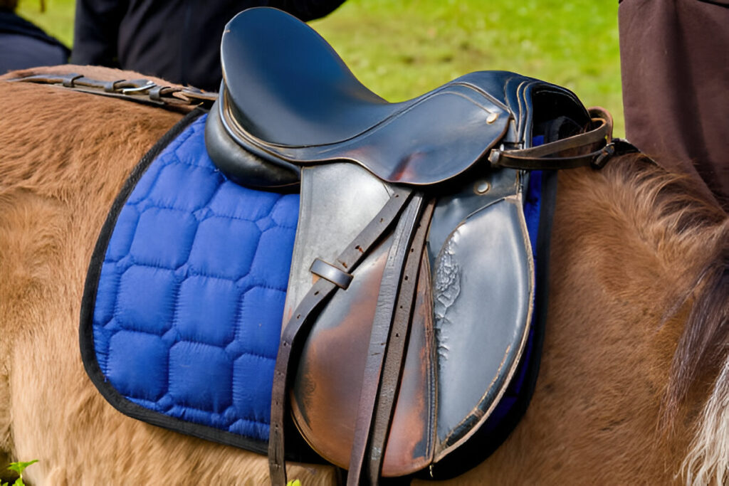 Brown horse wearing a patterned blue and white saddle cushion horse pad under a Western saddle, highlighting equine comfort.