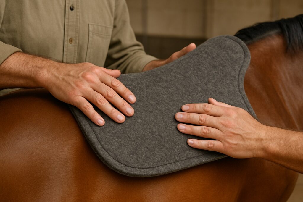 An expert saddle fitter's hands carefully position a thick wool saddle pad on a horse's back for optimal protection.