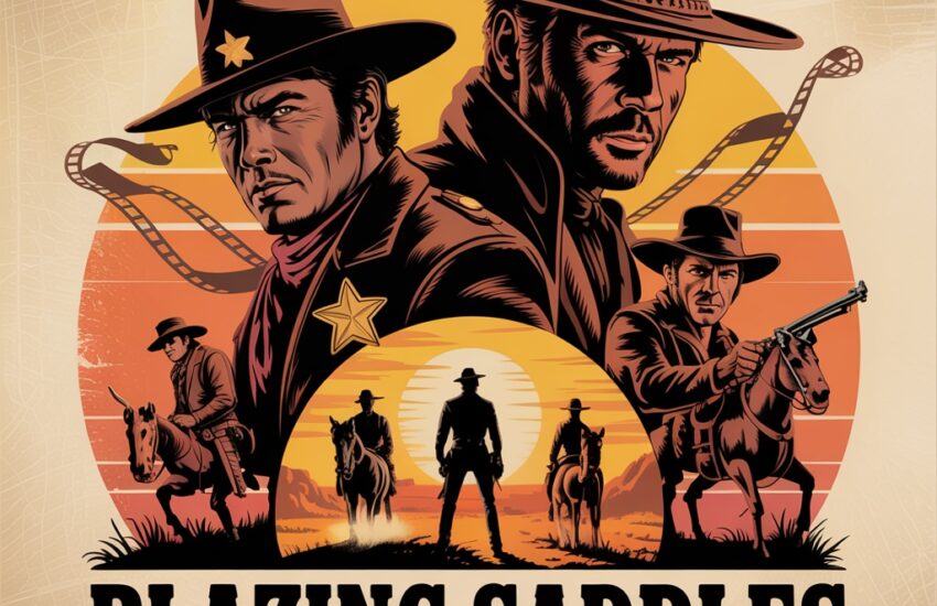 Blazing Saddles Cast - Vintage Western Movie Poster Style Image Featuring Classic Western Character Silhouettes