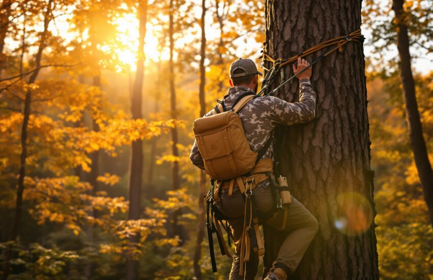 Hunter with Saddle Hunting Kit secured to tree trunk in autumn forest